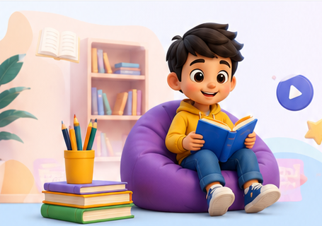 طفل يقرأ كتاباً ضمن هوية منصة حكايات سنسن